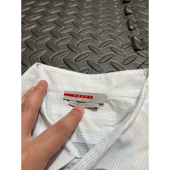 Prada White Blue Button Down Shirt Fits Mens Large Dressy Classic With Flaw - Picture 3 of 11